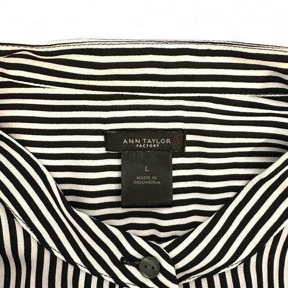 Ann Taylor Striped Button Down Collarless Shirt Size L Black White Stripes - Picture 5 of 9